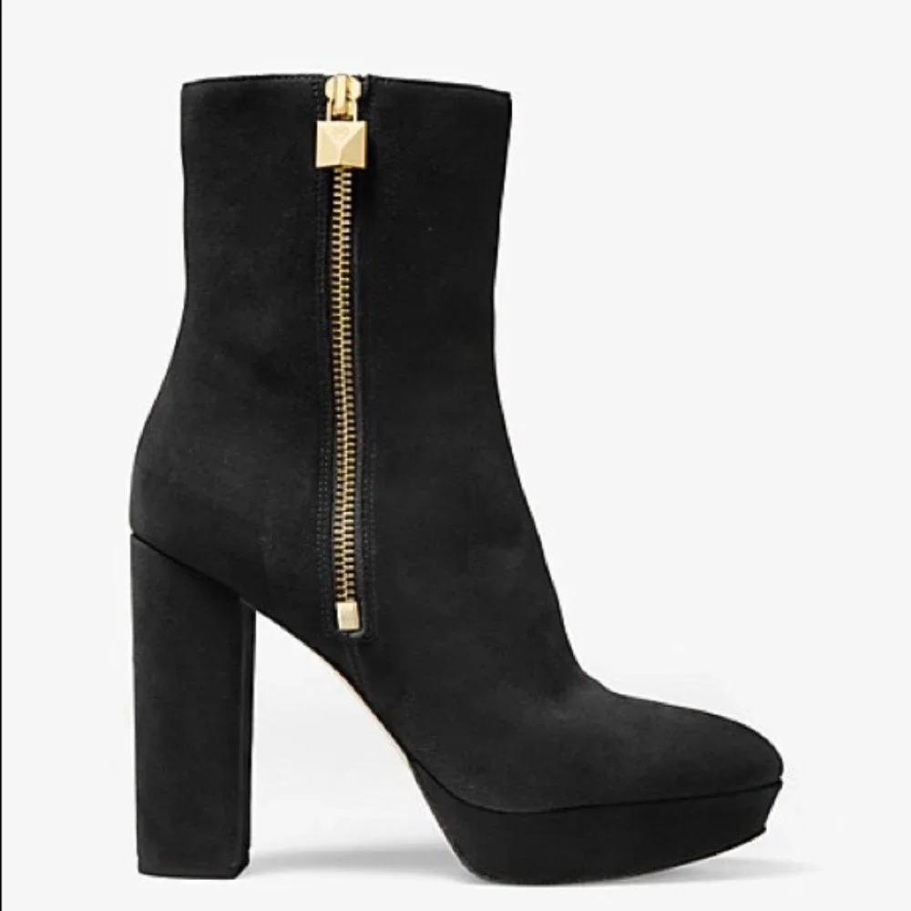 Michael Kors Black Suede Platform Ankle Boot with Gold Zip Accent